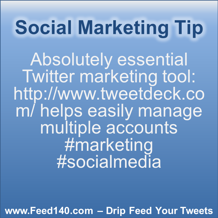 Absolutely essential Twitter marketing tool: http://www.tweetdeck.com/ Helps easily manage multiple accounts #marketing #socialmedia