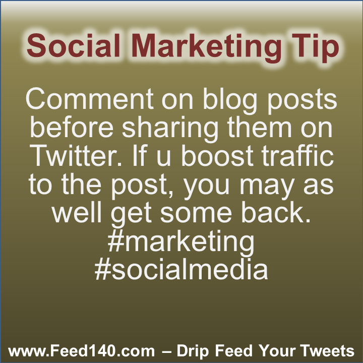 Comment on blog posts before sharing them on Twitter. If u boost traffic to the post, you may as well get some back. #marketing #socialmedia