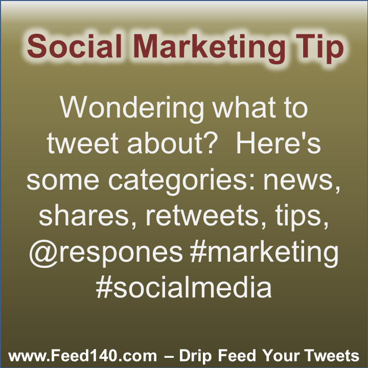 Wondering what to tweet about?  Here's some categories: news, shares, retweets, tips, @respones #marketing #socialmedia