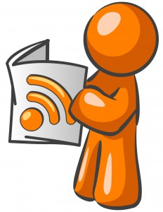 An orange man reading a newspaper with an RSS symbol. Good news feed concept.
